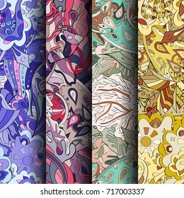 Set of tracery colorful seamless patterns. Vertical stripes. Curved doodling backgrounds for textile or printing with mehndi and ethnic motives. Vector