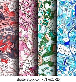 Set of tracery colorful seamless patterns. Vertical stripes. Curved doodling backgrounds for textile or printing with mehndi and ethnic motives. Vector