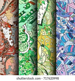 Set of tracery colorful seamless patterns. Vertical stripes. Curved doodling backgrounds for textile or printing with mehndi and ethnic motives. Vector