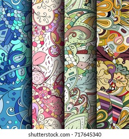 Set of tracery colorful seamless patterns. Vertical stripes. Curved doodling backgrounds for textile or printing with mehndi and ethnic motives. Vector