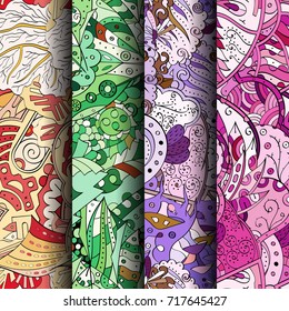 Set of tracery colorful seamless patterns. Vertical stripes. Curved doodling backgrounds for textile or printing with mehndi and ethnic motives. Vector