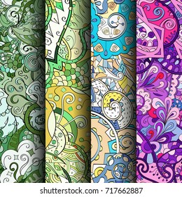 Set of tracery colorful seamless patterns. Vertical stripes. Curved doodling backgrounds for textile or printing with mehndi and ethnic motives. Vector