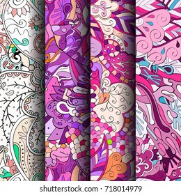 Set of tracery colorful seamless patterns. Vertical stripes. Curved doodling backgrounds for textile or printing with mehndi and ethnic motives. Vector