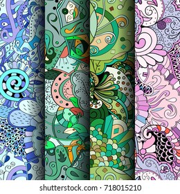 Set of tracery colorful seamless patterns. Vertical stripes. Curved doodling backgrounds for textile or printing with mehndi and ethnic motives. Vector