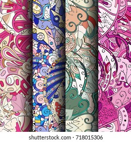 Set of tracery colorful seamless patterns. Vertical stripes. Curved doodling backgrounds for textile or printing with mehndi and ethnic motives. Vector