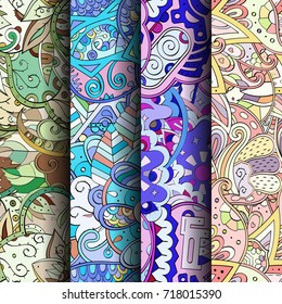 Set of tracery colorful seamless patterns. Vertical stripes. Curved doodling backgrounds for textile or printing with mehndi and ethnic motives. Vector
