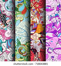 Set of tracery colorful seamless patterns. Vertical stripes. Curved doodling backgrounds for textile or printing with mehndi and ethnic motives. Vector