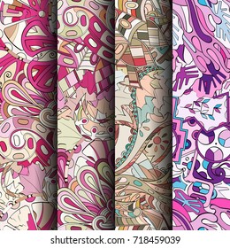 Set of tracery colorful seamless patterns. Vertical stripes. Curved doodling backgrounds for textile or printing with mehndi and ethnic motives. Vector
