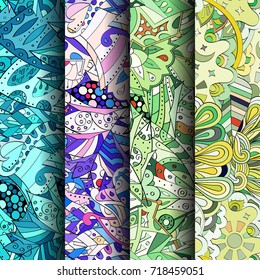 Set of tracery colorful seamless patterns. Vertical stripes. Curved doodling backgrounds for textile or printing with mehndi and ethnic motives. Vector