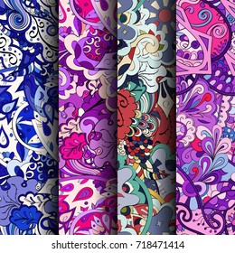 Set of tracery colorful seamless patterns. Vertical stripes. Curved doodling backgrounds for textile or printing with mehndi and ethnic motives. Vector