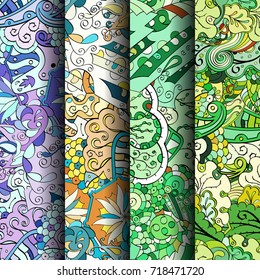 Set of tracery colorful seamless patterns. Vertical stripes. Curved doodling backgrounds for textile or printing with mehndi and ethnic motives. Vector