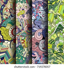Set of tracery colorful seamless patterns. Vertical stripes. Curved doodling backgrounds for textile or printing with mehndi and ethnic motives. Vector