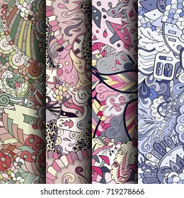 Set of tracery colorful seamless patterns. Vertical stripes. Curved doodling backgrounds for textile or printing with mehndi and ethnic motives. Vector