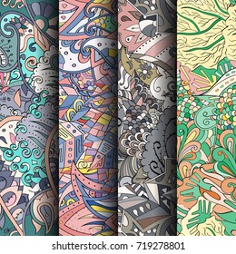 Set of tracery colorful seamless patterns. Vertical stripes. Curved doodling backgrounds for textile or printing with mehndi and ethnic motives. Vector
