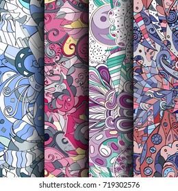 Set of tracery colorful seamless patterns. Vertical stripes. Curved doodling backgrounds for textile or printing with mehndi and ethnic motives. Vector