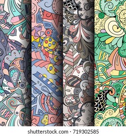 Set of tracery colorful seamless patterns. Vertical stripes. Curved doodling backgrounds for textile or printing with mehndi and ethnic motives. Vector