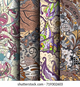Set of tracery colorful seamless patterns. Vertical stripes. Curved doodling backgrounds for textile or printing with mehndi and ethnic motives. Vector