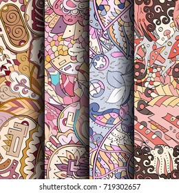 Set of tracery colorful seamless patterns. Vertical stripes. Curved doodling backgrounds for textile or printing with mehndi and ethnic motives. Vector