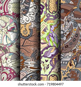 Set of tracery colorful seamless patterns. Vertical stripes. Curved doodling backgrounds for textile or printing with mehndi and ethnic motives. Vector