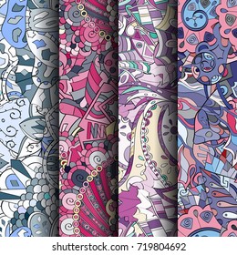 Set of tracery colorful seamless patterns. Vertical stripes. Curved doodling backgrounds for textile or printing with mehndi and ethnic motives. Vector