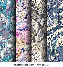 Set of tracery colorful seamless patterns. Vertical stripes. Curved doodling backgrounds for textile or printing with mehndi and ethnic motives. Vector