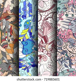 Set of tracery colorful seamless patterns. Vertical stripes. Curved doodling backgrounds for textile or printing with mehndi and ethnic motives. Vector