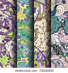Set of tracery colorful seamless patterns. Vertical stripes. Curved doodling backgrounds for textile or printing with mehndi and ethnic motives. Vector