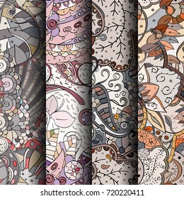 Set of tracery colorful seamless patterns. Vertical stripes. Curved doodling backgrounds for textile or printing with mehndi and ethnic motives. Vector