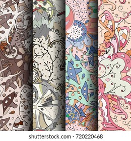 Set of tracery colorful seamless patterns. Vertical stripes. Curved doodling backgrounds for textile or printing with mehndi and ethnic motives. Vector