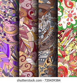 Set of tracery colorful seamless patterns. Vertical stripes. Curved doodling backgrounds for textile or printing with mehndi and ethnic motives. Vector