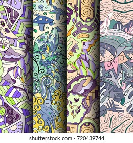 Set of tracery colorful seamless patterns. Vertical stripes. Curved doodling backgrounds for textile or printing with mehndi and ethnic motives. Vector