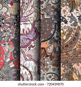 Set of tracery colorful seamless patterns. Vertical stripes. Curved doodling backgrounds for textile or printing with mehndi and ethnic motives. Vector