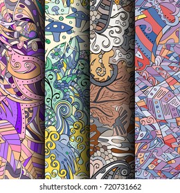 Set of tracery colorful seamless patterns. Vertical stripes. Curved doodling backgrounds for textile or printing with mehndi and ethnic motives. Vector