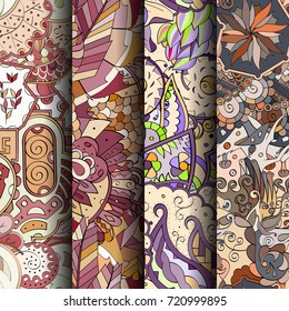 Set of tracery colorful seamless patterns. Vertical stripes. Curved doodling backgrounds for textile or printing with mehndi and ethnic motives. Vector