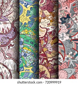 Set of tracery colorful seamless patterns. Vertical stripes. Curved doodling backgrounds for textile or printing with mehndi and ethnic motives. Vector