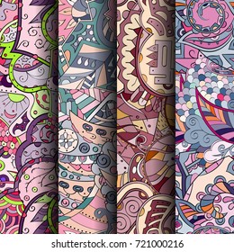 Set of tracery colorful seamless patterns. Vertical stripes. Curved doodling backgrounds for textile or printing with mehndi and ethnic motives. Vector