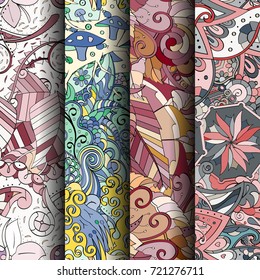 Set of tracery colorful seamless patterns. Vertical stripes. Curved doodling backgrounds for textile or printing with mehndi and ethnic motives. Vector