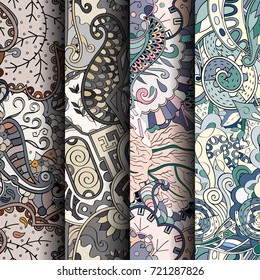 Set of tracery colorful seamless patterns. Vertical stripes. Curved doodling backgrounds for textile or printing with mehndi and ethnic motives. Vector