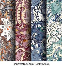 Set of tracery colorful seamless patterns. Vertical stripes. Curved doodling backgrounds for textile or printing with mehndi and ethnic motives. Vector