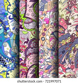 Set of tracery colorful seamless patterns. Vertical stripes. Curved doodling backgrounds for textile or printing with mehndi and ethnic motives. Vector