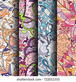 Set of tracery colorful seamless patterns. Vertical stripes. Curved doodling backgrounds for textile or printing with mehndi and ethnic motives. Vector