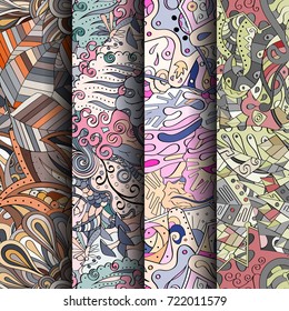 Set of tracery colorful seamless patterns. Vertical stripes. Curved doodling backgrounds for textile or printing with mehndi and ethnic motives. Vector