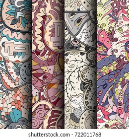 Set of tracery colorful seamless patterns. Vertical stripes. Curved doodling backgrounds for textile or printing with mehndi and ethnic motives. Vector
