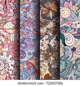 Set of tracery colorful seamless patterns. Vertical stripes. Curved doodling backgrounds for textile or printing with mehndi and ethnic motives. Vector