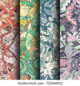 Set of tracery colorful seamless patterns. Vertical stripes. Curved doodling backgrounds for textile or printing with mehndi and ethnic motives. Vector