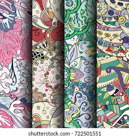 Set of tracery colorful seamless patterns. Vertical stripes. Curved doodling backgrounds for textile or printing with mehndi and ethnic motives. Vector