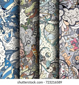 Set of tracery colorful seamless patterns. Vertical stripes. Curved doodling backgrounds for textile or printing with mehndi and ethnic motives. Vector