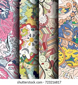 Set of tracery colorful seamless patterns. Vertical stripes. Curved doodling backgrounds for textile or printing with mehndi and ethnic motives. Vector