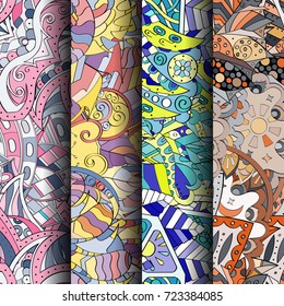 Set of tracery colorful seamless patterns. Vertical stripes. Curved doodling backgrounds for textile or printing with mehndi and ethnic motives. Vector