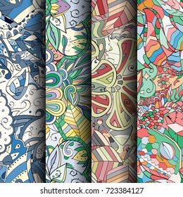 Set of tracery colorful seamless patterns. Vertical stripes. Curved doodling backgrounds for textile or printing with mehndi and ethnic motives. Vector